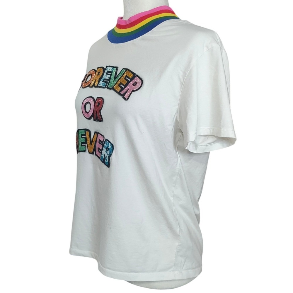 Mira Mikati Forever Or Never Rainbow Mock Neck Glitter Graphic Tee Shirt White 6 - Picture 3 of 8